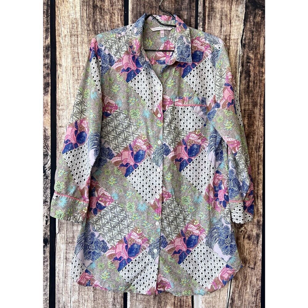 Victoria Secret Floral Cotton Patchwork Button Up Sleep Shirt Med